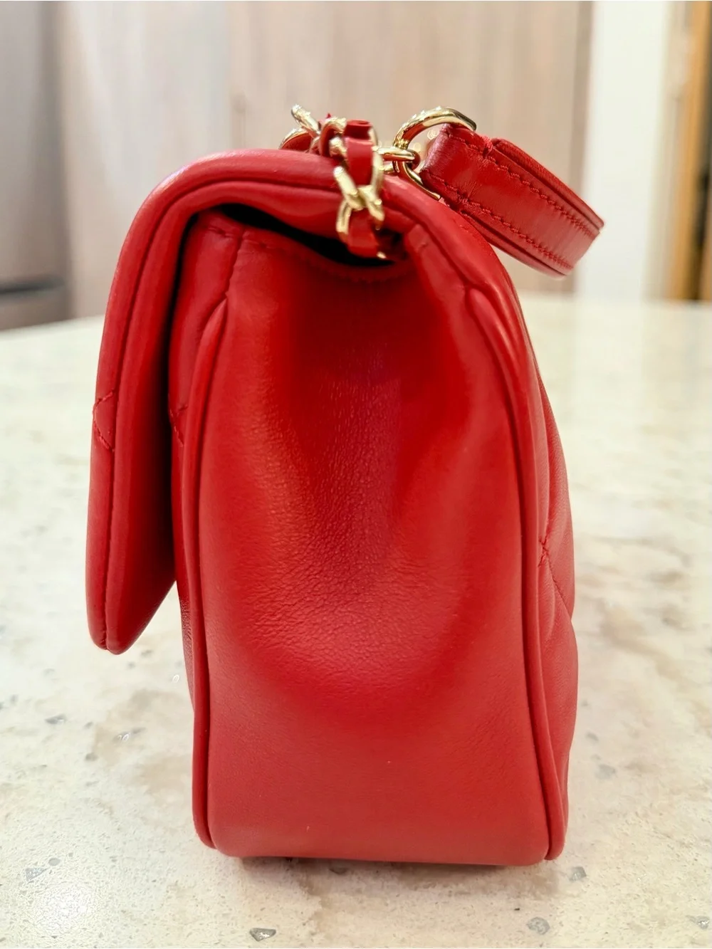 CHANEL Red Quilted Leather Mini Flap Crossbody with Gold Chain